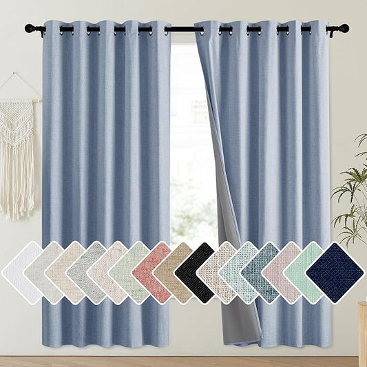 NICETOWN Stone Blue Vintage Linen 100% Blackout Curtains for Playroom, Thermal Insulated Curtains 72" Long, Noise Reducing Window Treatment Drapes for Laundry Room, 62" Wide Per Panel, Set of 2