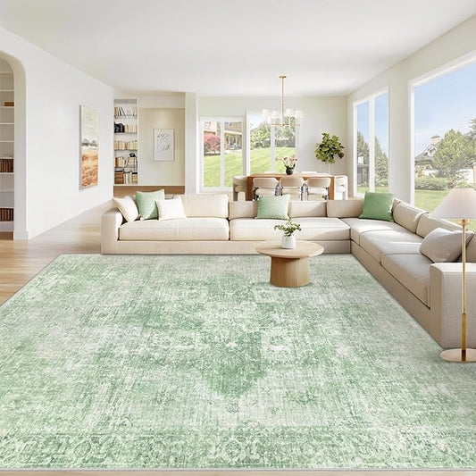 Area Rug 8x10 Washable Rug, Vintage Boho Medallion Rugs Non-Slip Soft Low Pile Large Distressed Rug Indoor Retro Carpet for Living Room Bedroom Dining Room Home Office (SageGreen, 8'x10')
