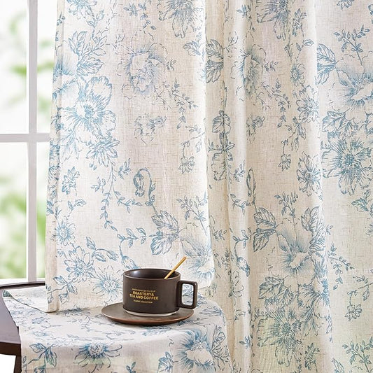 jinchan Linen Blend Curtain Floral Curtains for Living Room 108 Inch Length Blue Printed Curtain Rod Pocket Back Tab Farmhouse Peony Flower Patterned Drapes Bedroom Window Curtains Set 2 Panels