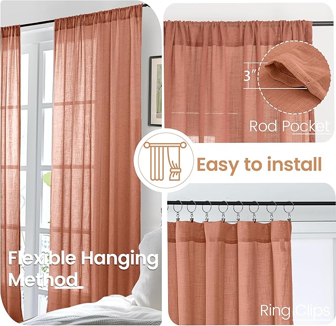 BGment Linen Curtains 84 Inch Length for Living Room, Terracotta Semi Sheer Drapes Rustic Textured for Bedroom Office Decor with Rod Pocket Lightweight,2 Panels Set, Each 42 Inch Wide