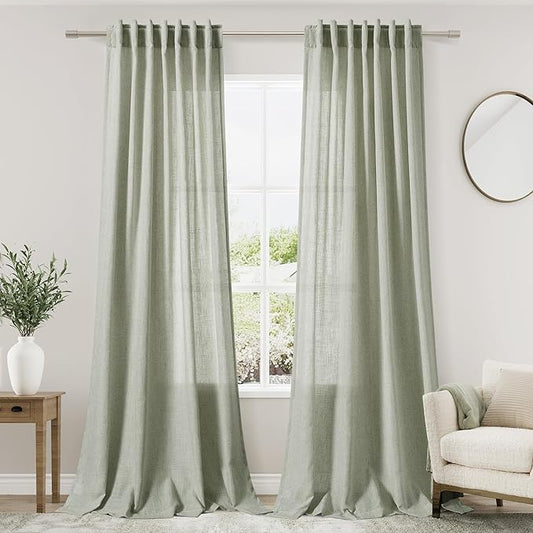 Nanspring Sage Green Curtains 92 Inch Length 2 Panels Back Tab Pocket Light Filtering Semi Sheer Drapes Linen Cotton Textured Airy Farmhouse Sage Living Room Decor Light Green Curtains for Bedroom
