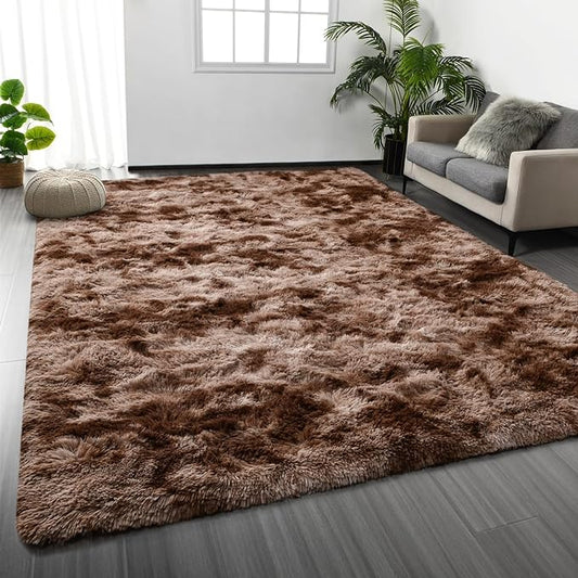 Deerhoo Shag Area Rug, 4 X 6 Tie-Dyed Plush Fuzzy Rugs for Living Room, Ultra Soft Fluffy Furry Rug for Bedroom, Indoor Carpet Nursery Rugs for Kids Room Home Decor, Coffee
