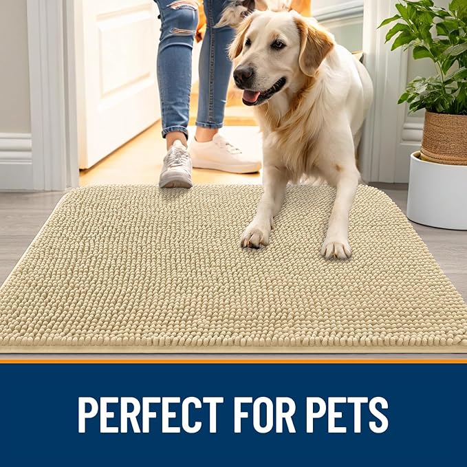OLANLY Dog Door Mat for Muddy Paws 40x24, Absorbs Moisture and Dirt, Absorbent Non-Slip Washable Doormat, Quick Dry Chenille Mud Mat for Dogs, Entry Indoor Entryway Carpet for Inside Floor, Sand