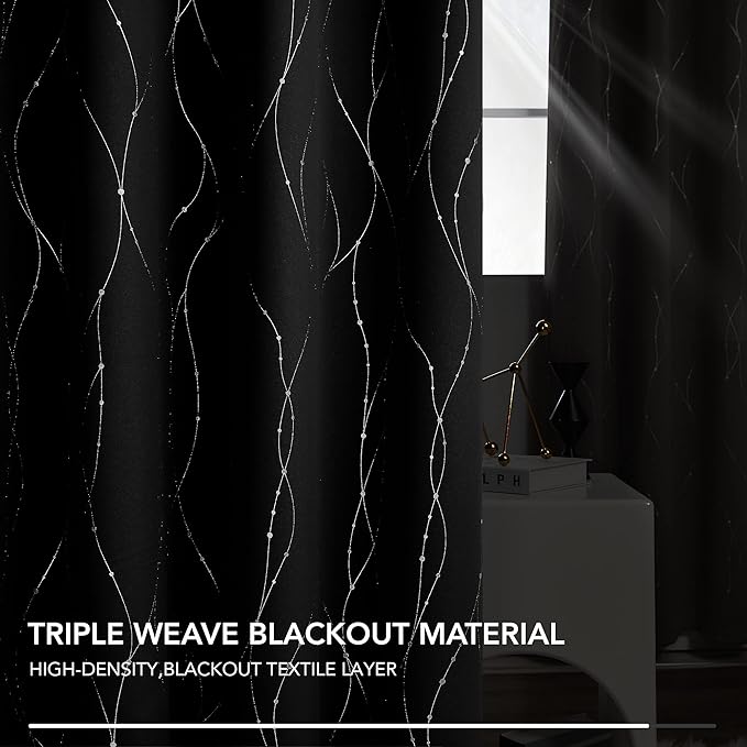 Deconovo Blackout Curtains, Black Curtain, Thermal Insulated Noise‑Reducing Drapes, Wave Line Dot Foil Print, 38 x 84 Inch Long, 2 Panels, Machine‑Washable Window Curtains for Bedroom Living Room