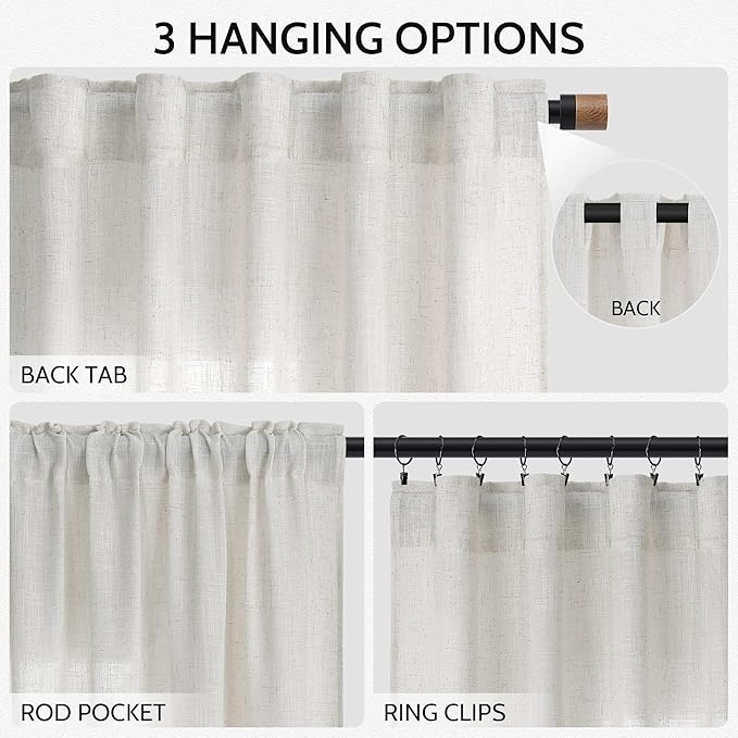 Nanspring Natural Linen Curtains 96 Inches Long for Living Room Bedroom Rustic Light Filtering Curtains Back Tab and Rod Pocket Farmhouse Decor Curtain for Dinner Room Office 52x96, 2 Panels