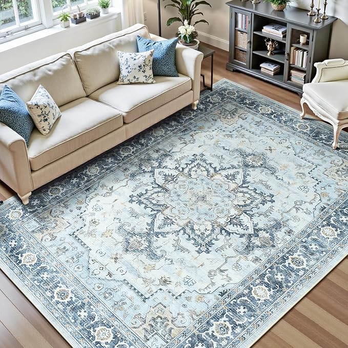 Lofus 9x12 Area Rugs for Living Room, Machine Washable Non-Slip Area Rug, Low Pile Large Rugs for Bedroom, Kitchen, Dining Room, Home Office, Vintage Oriental Print Rug, Blue Gold