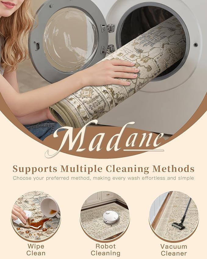 Madane Hallway Runner Rug 3x6 - Washable Kitchen Rugs Entryway Rug Runner Vintage Soft Floor Mat Non Slip Indoor Farmhouse Carpet for Bathroom Living Room Bedroom (3 X 6, Beige/Blue)