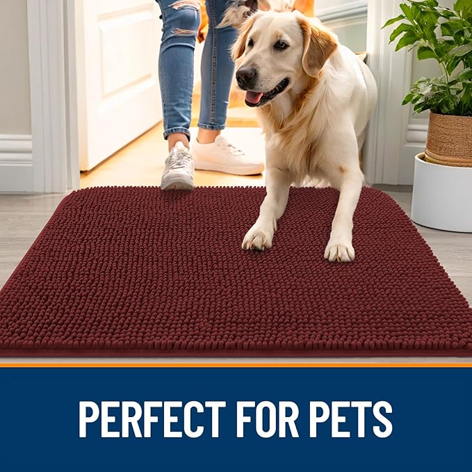 OLANLY Dog Door Mat for Muddy Paws 44x32, Absorbs Moisture and Dirt, Absorbent Non-Slip Washable Doormat, Quick Dry Chenille Mud Mat, Entry Indoor Entryway Carpet for Inside Floor, Caramel Russet