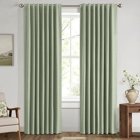 MIULEE 100% Blackout Linen Curtains for Bedroom, Sage Green Solid Luxury Decor Thermal Insulation Room Darkening Drapes for Living Room Nursery Back Tab Rod Pocket 42 x 63 Inches, 2 Panels