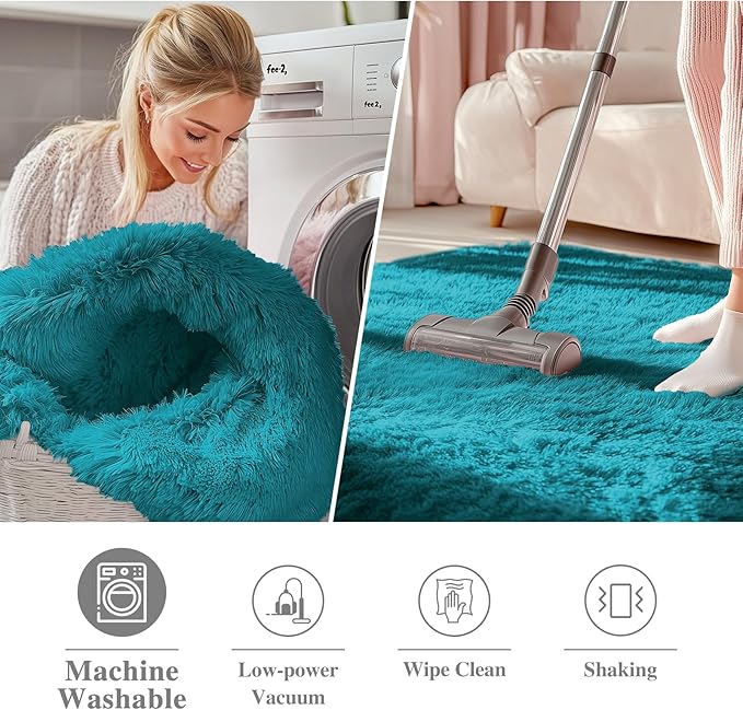 OLANLY Teal Round Rugs for Bedroom - Machine Washable, 4 ft Circle Area Rugs for Living Room, Soft and Fluffy Shaggy Carpet for Teen Girl and Boys, Nursery Rooms, Dorms, Home Decor Aesthetic