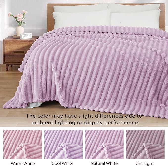 Exclusivo Mezcla Twin Size Flannel Fleece Blanket, Super Soft Striped Jacquard Bed Blanket, Lightweight Fuzzy Cozy for All Seasons, 60x80 Inches, Lilac Purple