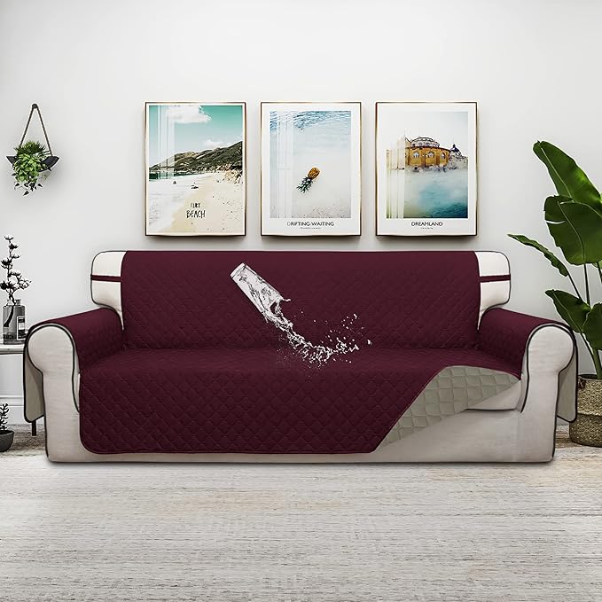 ISSUNTEX Double Protection 100% Waterproof Sofa Covers for Living Room, Reversible Couch Covers for 3 Cushion Couch Sofa, Furniture Protector Sofa Cover for Pets (X Large, Wine/Beige)