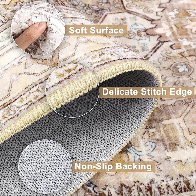 Yamaziot Washable Runner Rug, 3x6 Non-Slip Boho Vintage Hallway Rug with Rubber Backing, Low Pile Faux Wool Distressed Carpet Runner for Bedroom, Kitchen, Laundry, Entrance