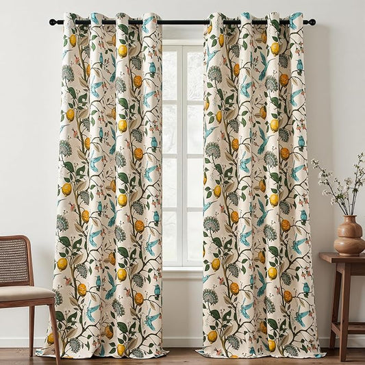 Topfinel Floral Curtains 90 Inches Long 2 Panels Unique Natural Beige Luxury Elegant Colorful Euro Flower Hummingbird Patterned Rustic Vintage Grommet Drapes for Classroom Room Office Closet 52x90