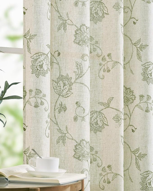jinchan Linen Curtains Floral Curtain 84 Inch Length for Living Room Bedroom Light Filtering Rod Pocket Back Tab Jacobean Curtains Flax Linen Texture Window Drapes Set 2 Panels Green on Linen
