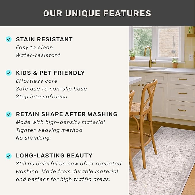Hazo Haus Boho Light Grey 5x8 Living Room Rug - Modern Vintage Eclectic Floral Pastel Neutral Taupe, Washable Low Pile Non-Slip Large Area Rugs for Nursery Dining Under Table Bedroom Lounge