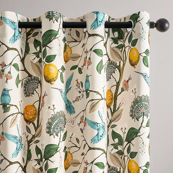 Topfinel 54 Inches Long Blackout Curtains for Cafe Kitchen Beige Vintage Grommet Room Darkening Luxury Floral Lemon Hummingbird Patterned Waverly Colorful Drapes for Living Room Bedroom