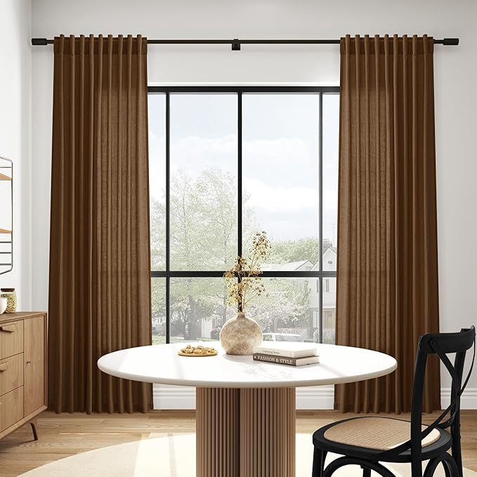 Tobacco Brown Linen Curtains 108 Inches for Living Room Bedroom Extra Long Back Tab Curtain Vintage Rustic Farmhouse Light Filtering Sheer Drapes Floor to Ceiling Curtain 52x108,2 Panels