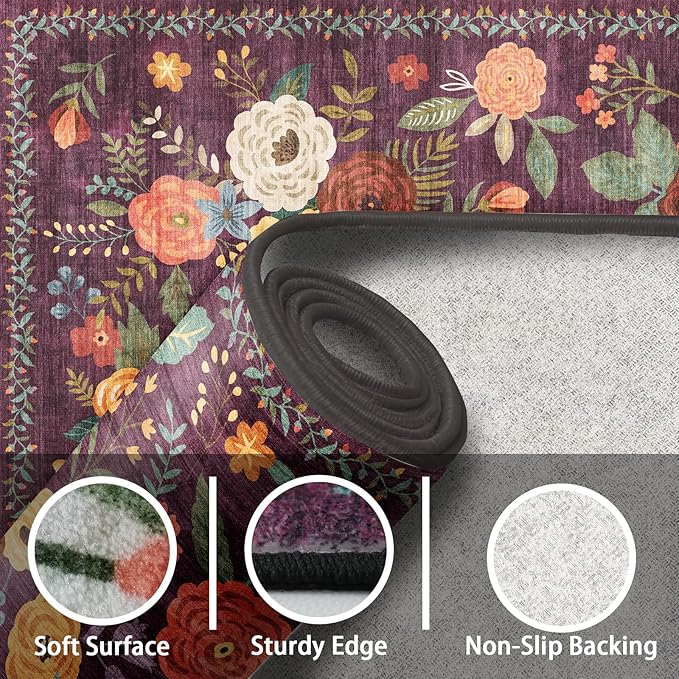 Floral Rug for Entryway, 2X3 Washable Kitchen Mat Ultra-Thin Soft, Non-Slip Indoor Door Carpet Stain Resistant Boho Small Low-Pile Throw for Bathroom Bedroom (2 x 3, Purple Lawn)