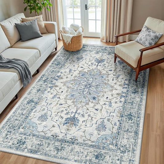 Area Rugs 5'x8' Washable Non-Slip, Floral Vintage Distress Print Pattern Medallion Carpet for Living Room Bedroom Dining Room, Light Blue Navy Beige Gray White