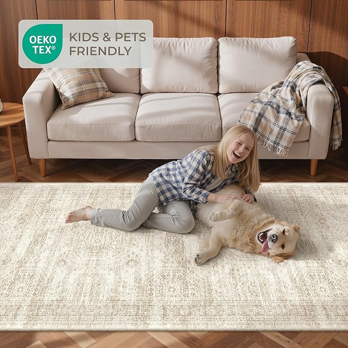 3x6 Runner Rug Non Slip, Thin Entryway Washable Rug for Entryway, Runners for Hallways, Low Pile Vintage Abstract Soft Rugs for Living Room, Kitchen, Bedroom(3'x6', Beige/Ivory)