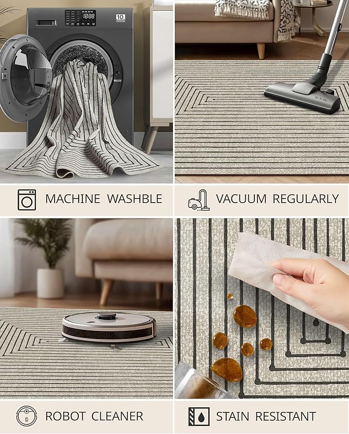 Latte&Fog 8x10 Area Rugs for Living Room, Large Beige Modern Abstract Washable Rug, Boho Non Slip Low Pile Carpet for Indoor Bedroom Dining Room, Office, Dorm, Classroom, Farmhouse and Kids Room