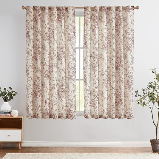 jinchan Linen Blend Curtain Floral Curtains for Living Room 54 Inch Length Farmhouse Brick Red Printed Curtain Rod Pocket Back Tab Peony Flower Patterned Drapes Curtains Set 2 Panels