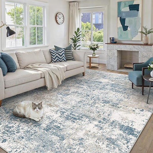 PureCozy Blue 6x9 Area Rug Washable Modern Abstract Living Room Carpet Non Slip Neutral Low Pile Soft Contemporary Aesthetic Bedroom Large Rug Indoor Office Dining Room Playroom