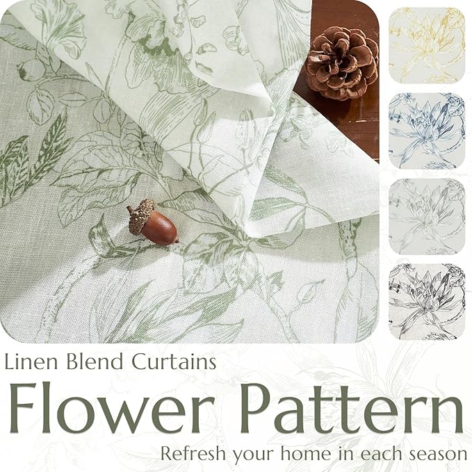 jinchan Floral Curtains 108 Inch Length Sage Green Flower Linen Farmhouse Curtain for Living Room French Country Vintage Curtain Rod Pocket Curtains Set 2 Panels Floral Printed
