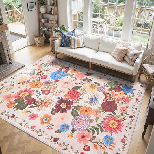 Pink/Beige Floral Washable 6x9 Area Rugs, Soft Bedroom Rug for Living Room Ultra-Thin Non Slip Dining Room Rug, Stain Resistant Rugs Easy Clean Throw Carpet for Office(Beige/Pink Garden, 6 x 9)