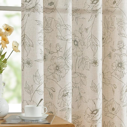jinchan Floral Linen Curtains for Living Room 96 Inch Length Green Flower Curtain Rod Pocket Back Tab Farmhouse Curtains with Printed Floral Bedroom Window Curtain Set, 2 Panels Green