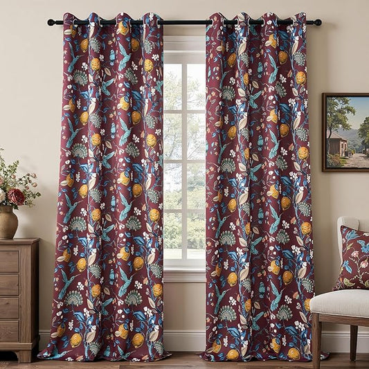 Topfinel Rust Floral Curtains 96 Inches Long 2 Panels Unique Beige Luxury Elegant Colorful Euro Flower Hummingbird Patterned Rustic Vintage Grommet Drapes for Classroom Room Office Closet