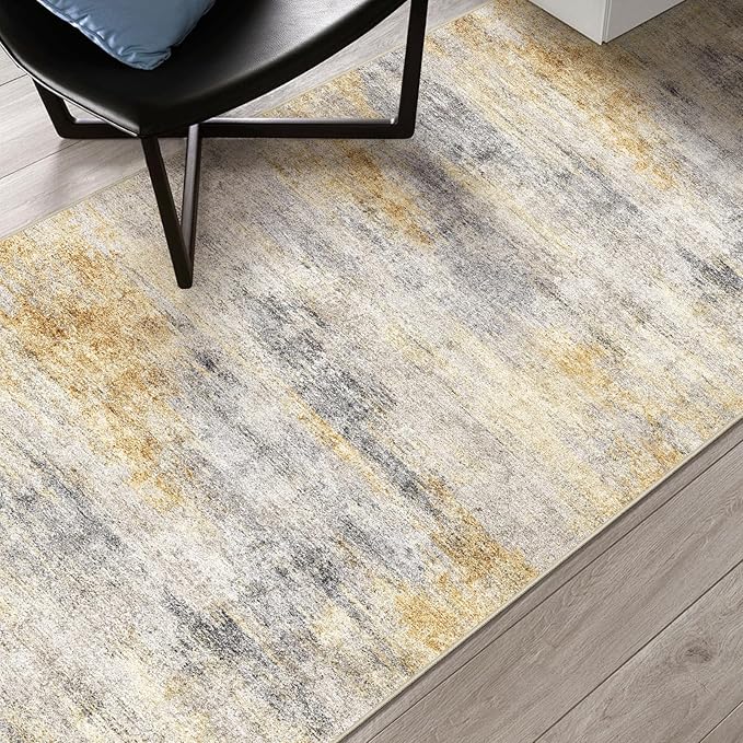 3x5 Washable Entryway Area Rug: Modern Abstract Small Runner Rug Indoor Soft Non Slip Rug for Living Room Low Pile Thin Floor Carpet for Kitchen Dining Room Bedroom Home Office Decor(3x5,Grey/Yellow)