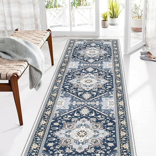 OPPODREAM Soft Entryway Rug 2x8, 2x8 Rug Runner, Washable Hallways Carpet 2 x 8 with Non Slip Backing, Low-Pile Bedside Carpet 2 x 8, Long, Faux Cashmere, Navy Blue & Gold