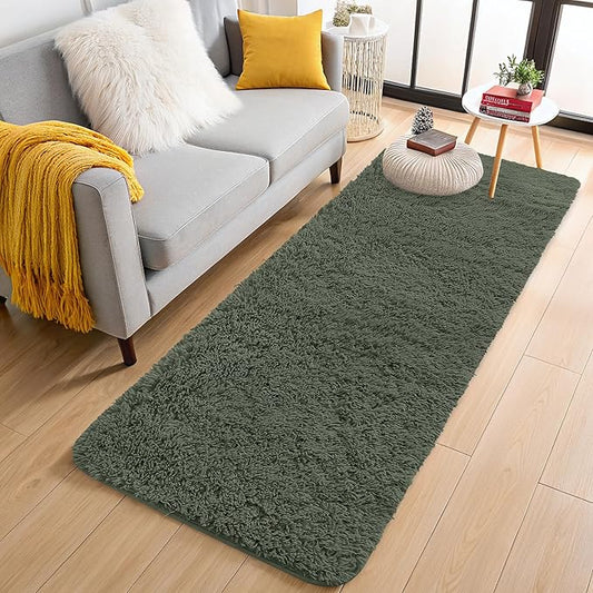 OLANLY 2x6 Machine Washable Runner Rugs for Hallway, Soft Fluffy Shaggy Bedside Rugs for Bedroom, Living Room, Indoor Floor Carpet for Kids Girls and Boys, Home Decor Aesthetic, Olive Green