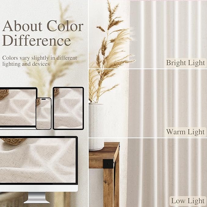Short Beige Linen Curtains for Kitchen Bathroom 40 Inches Long 2 Panels Set Back Tab Rod Pocket Semi Sheer Light Filtering Drapes for Farmhouse Cafe Lightweight Small Basement Window Curtain W52xL40