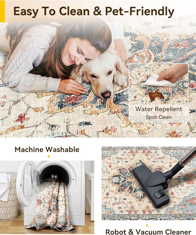 Area Rugs 4'x5' Washable Non-Slip, Floral Vintage Distress Print Pattern Medallion Carpet for Living Room Bedroom Dining Room, Beige Navy Blue Orange Colorful