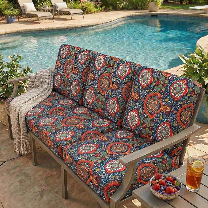 hyha Printed Couch Cushion Covers, Floral Sofa Covers Washable for 3 Cushion Couch, Stretch Pattern Outdoor Cushion Covers for Patio Furniture with Elastic Bottom(Large, Mandala Floral)