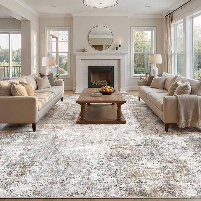 UERMEI 12x14 Area Rug Living Room Rugs - Washable Neutral Modern Abstract Soft Thin Large Rug Indoor Floor No Slip Rug Carpet for Bedroom Under Dining Table Home Office Decor - Brown Grey