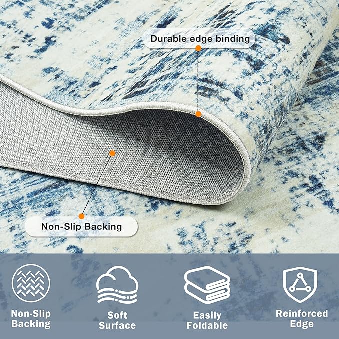 8x10 Area Rugs for Living Room Washable Rug: Anti-Skid Abstract Modern Living Room Rug Soft Thin Carpets Indoor Floor Non-Shedding Carpet for Bedroom Dining Farmhouse Nursery Blue Gray Gold