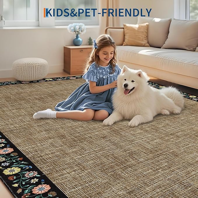 GarveeHome Washable Rugs for Living ROM 8 x 10 Large Area Rug Farmhouse Floral Bordered Bedroom Carpet Indoor Non-Slip Nursery Mat Soft Non Shedding Stain Resistant Carpet for Dining Room, Brown