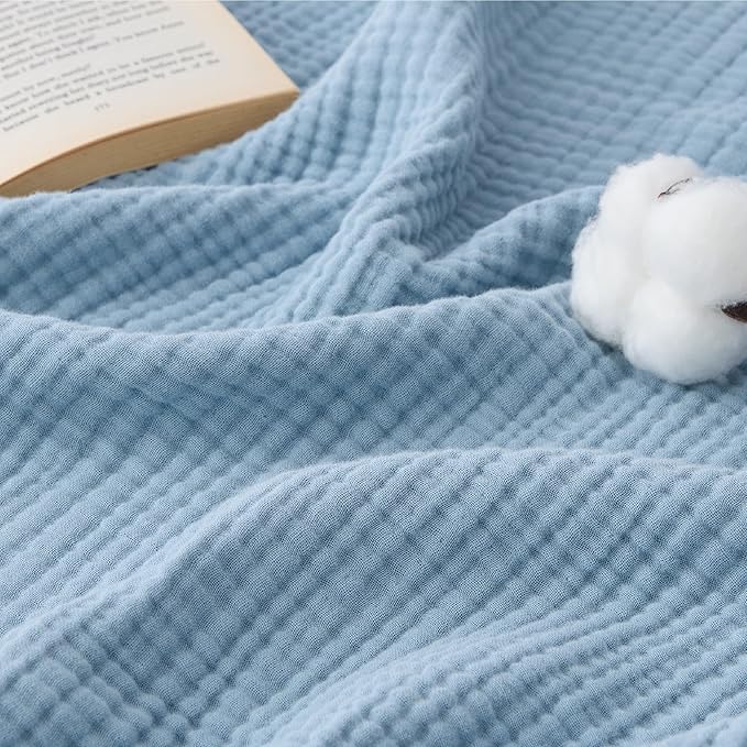 Bedsure 100% Cotton Muslin Blanket Queen Size for Bed - 4-Layer Breathable and Lightweight Thin Soft Summer Gauze Muslin Blankets for Adults, Blue, 90x90 Inches