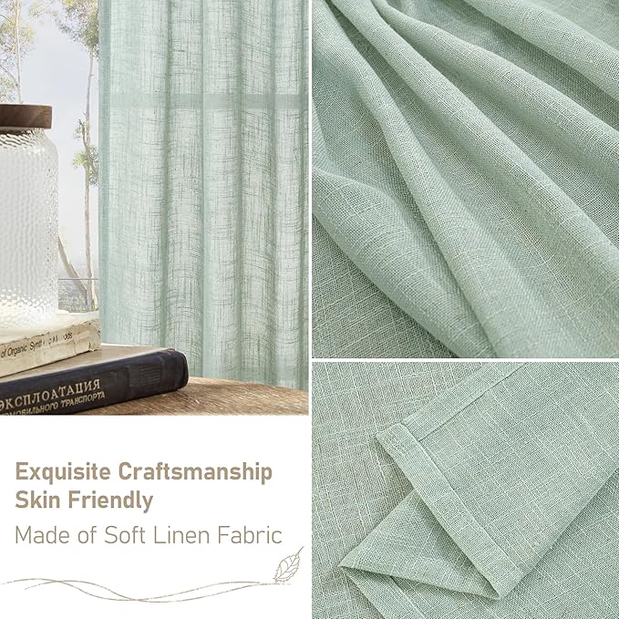 LAMIT Faux Linen Curtains 63 inches Long for Bedroom, Back Tab and Rod Pocket Linen Drapes Light Filtering Semi Sheer Curtains for Small Window/Farmhouse, 2 Panels (52 x 63 Inch, Light Sage)