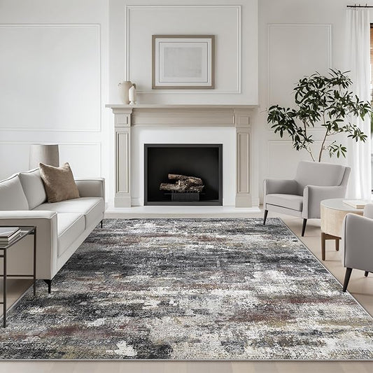 Area Rugs 10x12 for Living Room Bedroom, Modern Abstract Machine Washable Large Dark Gray Rug, Soft Low Pile Floor Carpet with Non Slip Backing for Dining Room