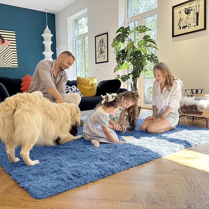 OLANLY 8x10 Machine Washable Large Area Rugs for Living Room, Bedroom, Soft Fluffy Shaggy Bedside Rug, Indoor Floor Carpet for Kids Girls and Boys, Dorms, Nursery, Home Decor Aesthetic, Blue