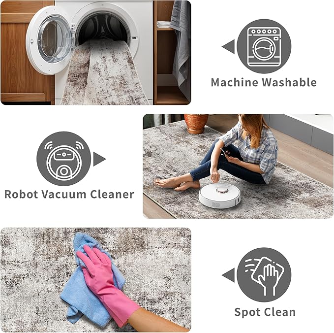 3x10 Washable Runner Rug for Hallway: Non Slip Runners Rugs Easy-to-Clean - Soft Living Room Bedroom Kitchen Carpet - Thin Low Pile Printed Floor Mat for Dining Room Beige Brown