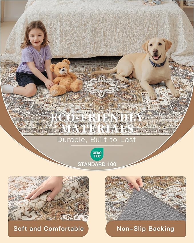 Madane Hallway Runner Rug 2'6''x12', Non Slip Vintage 12ft Runners for Hallways Washable Kitchen Rugs Soft Low Pile 2.5x12 ft Rug Runner for Laundry Room, Entryway and Bedroom, Turmeric/Grey