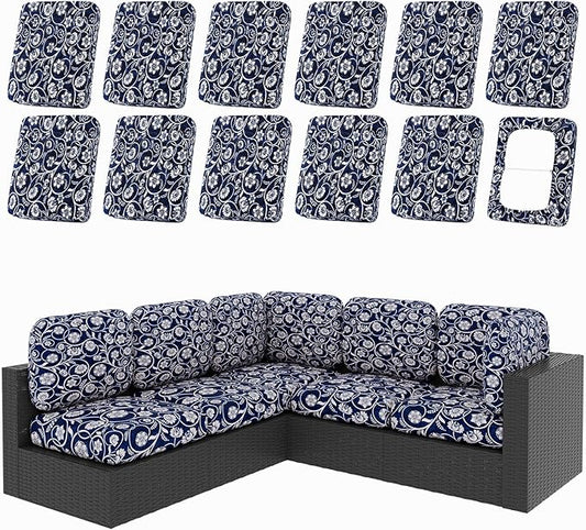 hyha 12Pcs Patio Cushion Covers, Stretch Outdoor Couch Cushion Covers Replacement, Washable Outdoor Chair/Sofa Slipcovers for Patio Furniture Cushions Protector with Elastic Bottom(Baroque,Cover Only)