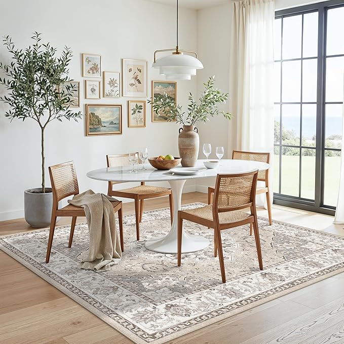 6ft Square Living Room Area Rug: Washable Oriental 6x6 Rugs for Bedroom Dining Room Non-Slip Entryway Kitchen Nursery CarpetWater Resistant Light Weight Floor Mat for Bathroom Laundry Room(6x6,Beige)