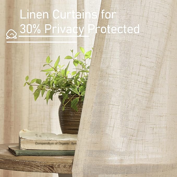 LAMIT Semi Sheer Linen Curtains 48 Inch Length 2 Panels, Light Filtering Panels Back Tab and Rod Pocket Neutral Drapes for Kitchen/Window/Loft Room, 34 x 48 Inch